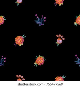 Vintage embroidery seamless pattern with marigold flowers with floral branches. Bright traditional illustration on black background for fabric design in watercolor style.