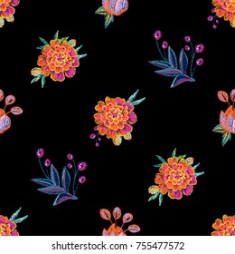 Vintage embroidery seamless pattern with marigold flowers with floral branches. Bright traditional illustration on black background for fabric design in watercolor style.