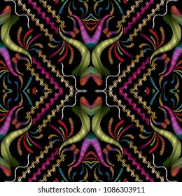 Vintage embroidery vector seamless pattern. Geometric abstract striped tapestry background. Grunge stripes, rhombus frames, colorful embroidered baroque style ornaments. Gobelin texture for design