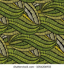 Vintage embroidery waves fabric texture. Geometrical simple background. Ethnic and tribal motifs, colored lines. Shades of green