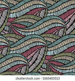 Vintage embroidery waves fabric texture. Geometrical simple background. Ethnic and tribal motifs, colored lines. Pastel colors
