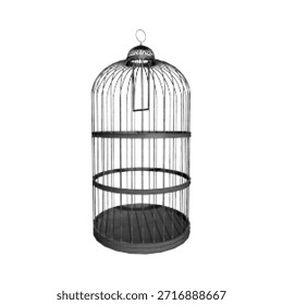 Gaiola de pássaro vazia vintage em estilo de meio-tom preto e branco. Ilustração de gaiola decorativa mínima isolada no fundo branco para liberdade, cativeiro, conceito, interior ou uso de design.