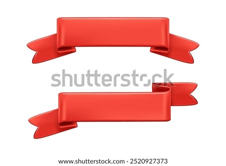 Vintage empty blank red ribbons with copy space for announcements and advertisement. Vector isolated set of 3d badges or emblems for shops and posters. Elegant simple textile shiny stripes