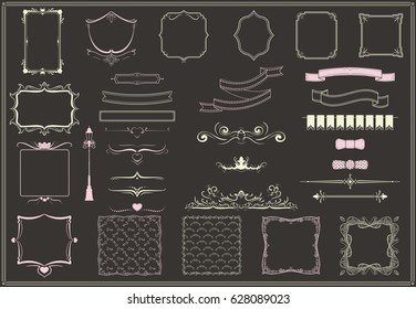 Vintage empty decorative elements collection with borders bow ties ornamental swirls ribbons ornate frames isolated vector illustration