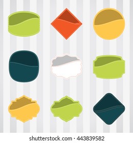 Vintage empty labels set for commerce and premium trade with stitching in pockets. Retro empty badges vector set for internet commerce with stitching in pockets.
