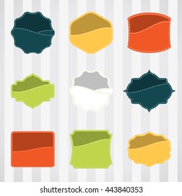 Vintage empty labels set for commerce trade with stitching in pockets. Retro empty badges vector set for internet commerce with stitching in pockets. Vector set of empty labels for promotion.