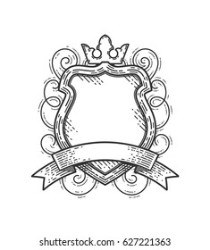 Vintage empty shield with a crown and a ribbon. Vector blank insignia with swirls and baroque elements. Cool and stylish template for a badge or sticker.