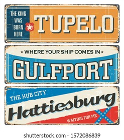 Vintage enamel tin design Mississippi US city. Gulf port. Hattiesburg. Tupelo. Retro vector city name road sign. Metal rust souvenirs 