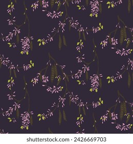 Vintage endless pattern of blooming branches on dark purple background. Luxury Japanese-style floral print.