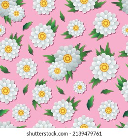 Vintage endless pattern with tender chamomile and leaves on pink background. Retro background, gift wrapping, wallpaper concept with yellow spring flowers.