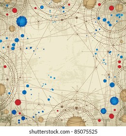 Vintage engineering draft with rusty grunge texture and ink splatters, vector background.