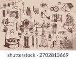 Vintage engineering illustration set stylized Da Vinci