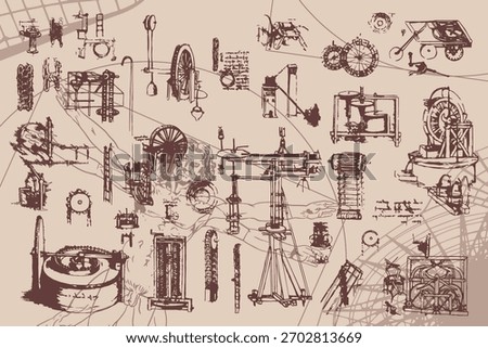 Vintage engineering illustration set stylized Da Vinci