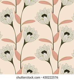 a vintage english style floral wallpaper seamless tiles with crocus-like flowers in white, black, and pink shades