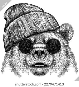Vintage engrave isolated black bear set dressed fashion illustration ink costume sunglasses sketch. American grizzly background asian animal silhouette glasses hipster hat vector art