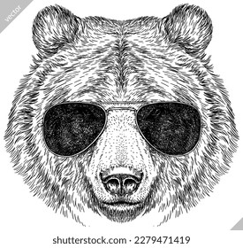 Vintage engrave isolated black bear set dressed fashion illustration ink costume sunglasses sketch. American grizzly background asian animal silhouette glasses hipster hat vector art