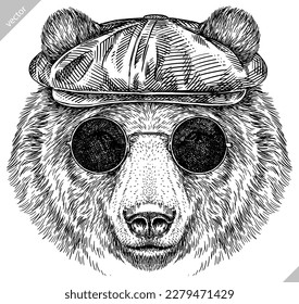 Vintage engrave isolated black bear set dressed fashion illustration ink costume sunglasses sketch. American grizzly background asian animal silhouette glasses hipster hat vector art