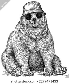 Vintage engrave isolated black bear set dressed fashion illustration ink costume sunglasses sketch. American grizzly background asian animal silhouette glasses hipster hat vector art