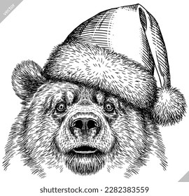 Engrave vintage aislado oso negro vestido de christmas ilustración de tinta santa traje. fondo pardo americano silueta animal asiática de año nuevo sombrero arte vectorial