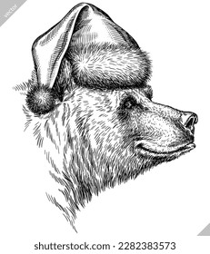 Vintage engrave isolated black bear set dressed christmas illustration ink santa costume sketch. American grizzly background asian animal silhouette new year hat vector art
