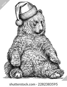Vintage engrave isolated black bear set dressed christmas illustration ink santa costume sketch. American grizzly background asian animal silhouette new year hat vector art