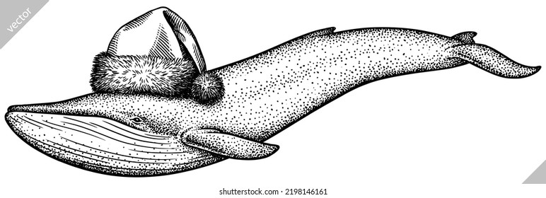Vintage engrave isolated blue whale set christmas illustration humpback ink santa costume sketch. Wild cachalot background line new year hat giant dolphin vector art