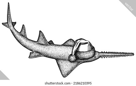 Vintage engrave isolated christmas saw fish set illustration santa costume killer whale ink sketch. Wild new year hat hammer shark background line dolphin vector art