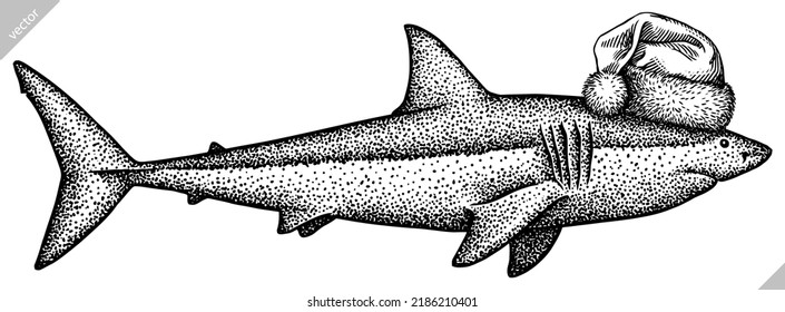 Vintage engrave isolated christmas saw fish set illustration santa costume killer whale ink sketch. Wild new year hat hammer shark background line dolphin vector art