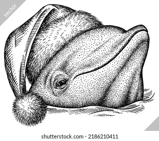 Vintage engrave isolated christmas saw fish set illustration santa costume killer whale ink sketch. Wild new year hat hammer shark background line dolphin vector art