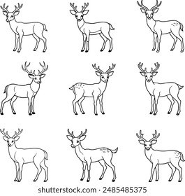 Vintage engrave isolated deer set illustration ink sketch. Wild doe stag background reindeer vector art