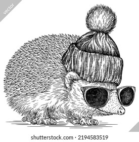 Vintage-Grab einzeln gekleidete Mode-Hedgehog Set Illustration Kostüm Schnitt Tinte Skizze. Wilde neue Hut-Sonnenbrille Hipster-Haustier-Hintergrund-Brille Hedge-Vektorkunst