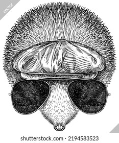 Vintage engrave isolated dressed fashion hedgehog set illustration costume cut ink sketch. Wild new hat sunglasses hipster pet background line glasses hedge vector art