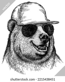 Vintage engrave isolated glasses dressed fashion bear in cap illustration costume cut ink sketch. Wild brown sunglasses hipster bear background grizzly vector art