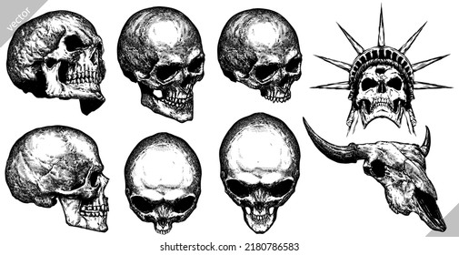 Vintage engrave isolated skull set illustration ink skeleton sketch. Human head background line hell bone vector art