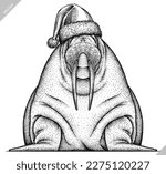 Vintage engrave isolated walrus set dressed christmas illustration ink santa costume sketch. Sea seal background arctic new year hat vector art