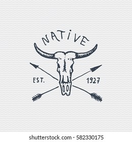vintage engraved badge, label with buffalo skull, hand drawn old logo.
