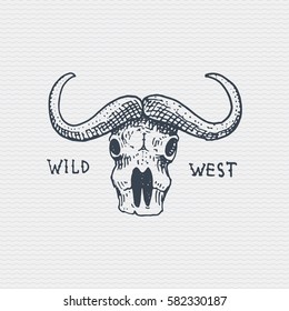 vintage engraved badge, label with buffalo skull, hand drawn old logo.
