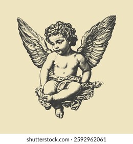 Vintage engraved cherub angel with wings, perfect for classical art, tattoo, and decorative designs.