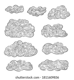 Vintage gravierte Wolken Vektorset handgezeichnet Doodle, Detaillierte Linien Skizze Retro-Stil schwarz auf weißem Design Element