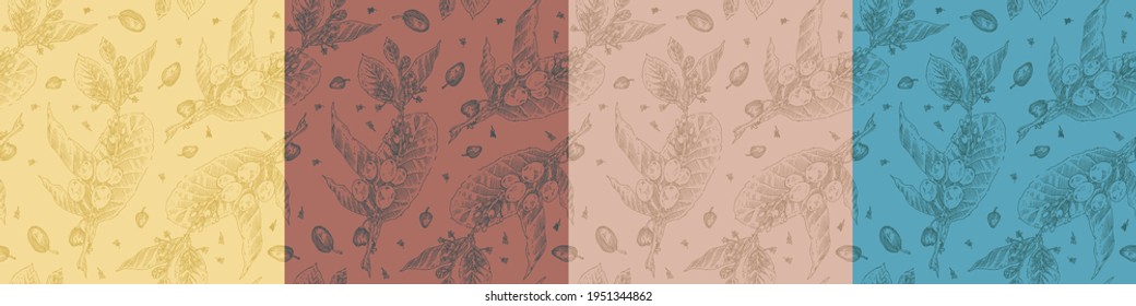 Vintage engraved coffee pattern. Coffee package seamless background for coffee shop banner template with vector branches drawing in engraving style. Coffee roasting banner. Organic food branding.