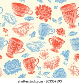 Vintage Engraved Cups and Flowers Seamless Pattern