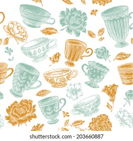 Vintage Engraved Cups and Flowers Seamless Pattern