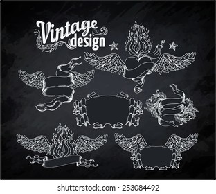 Vintage engraved decorative ornate vector design elements. Chalk illustration over a blackboard 