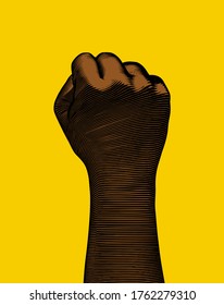 Vintage engraved drawing back of black human hand fist gesture vector illustration dark lighting woodcut style isolated on yellow background