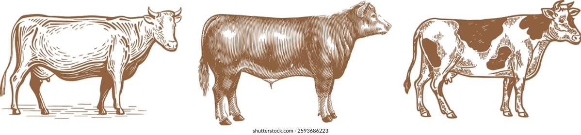 Vintage engraved drawing of a dairy cattle cow standing on the ground vector illustration isolated on a white background