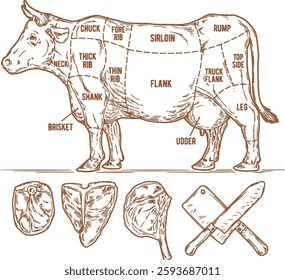 Vintage engraved drawing of a dairy cattle cow standing on the ground vector illustration isolated on a white background