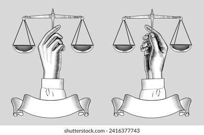 Vintage engraved drawing of hands with old weight scales and retro ribbon banner. Vector illustration