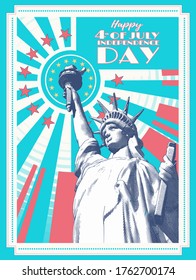 Vintage engraved drawing statue of  lady liberty on sun shining retro style vector illustration in green and orange on white background retro color theme for 4th of July independence day celebration