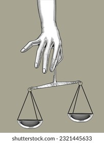 Vintage engraved drawing of woman's hand with old weight scales. Vector illustration