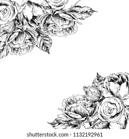 Vintage engraved flowers greeting card. Wedding invitation with roses painted by hand with ink and a pen. Postcard, poster, banner. Vector image.